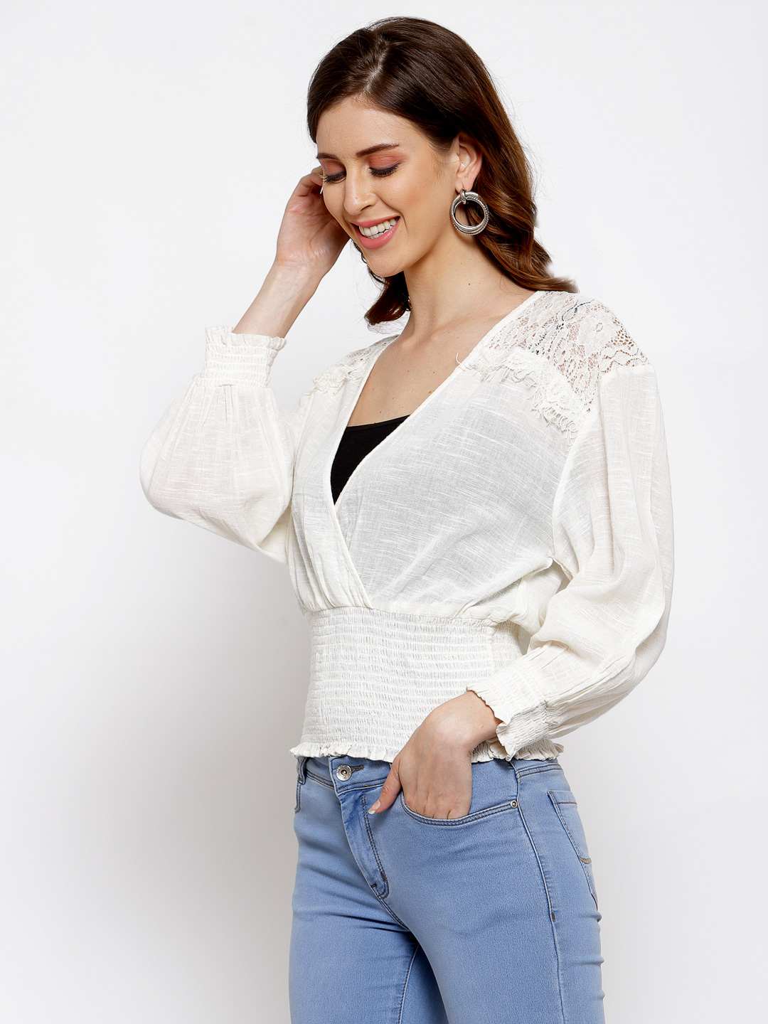 Lace Insert Top With Smocked Waist
