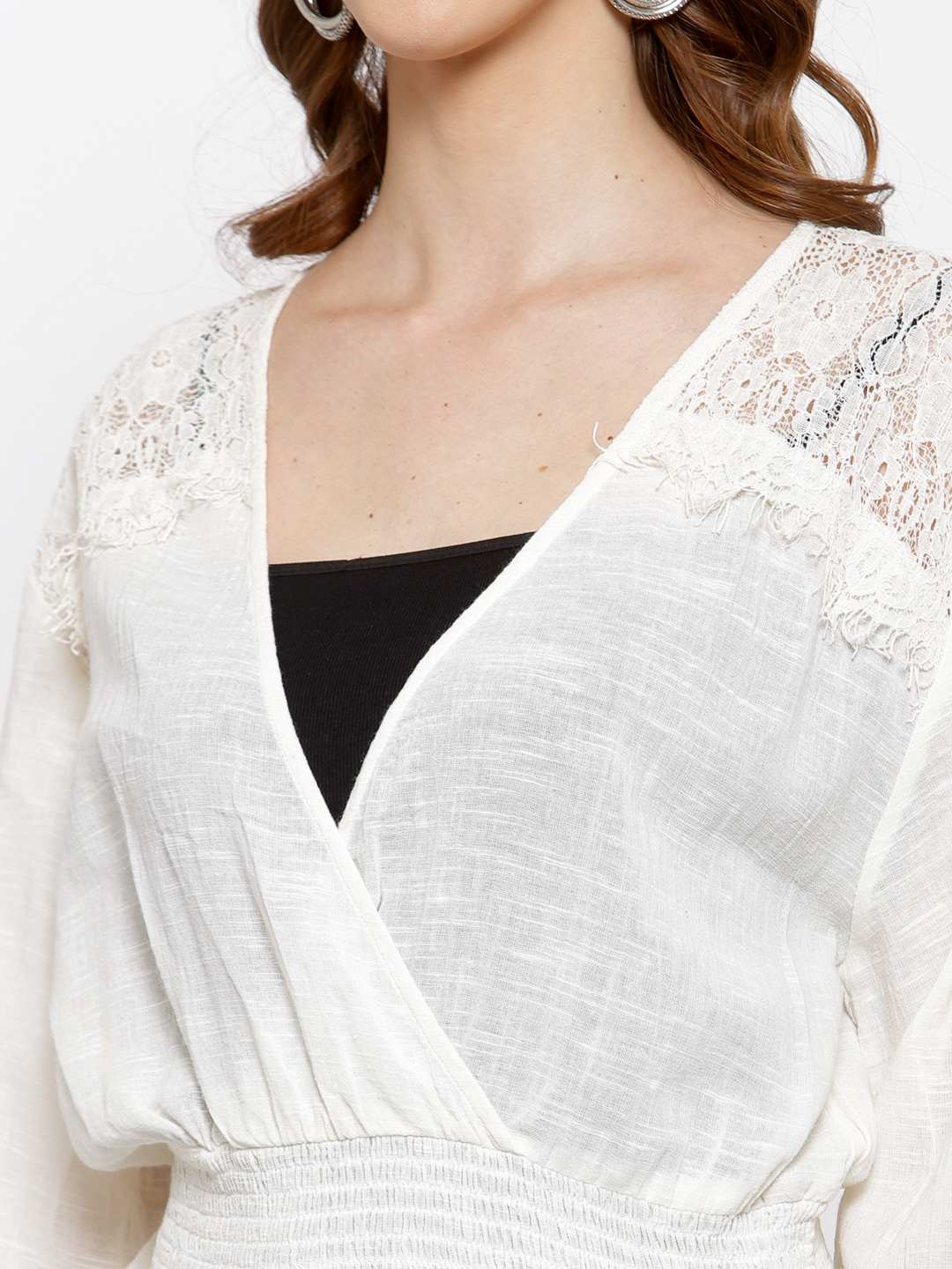Lace Insert Top With Smocked Waist