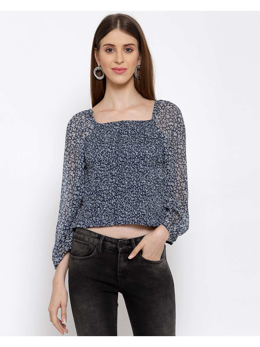 Printed Short Chiffon Smocked Top