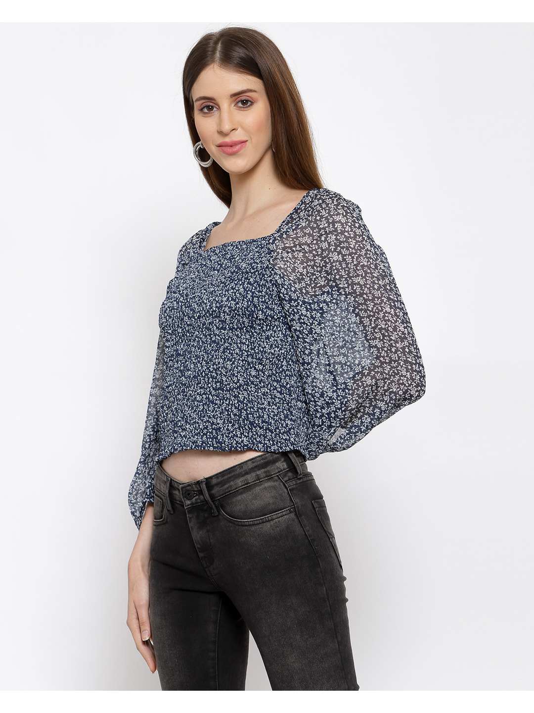Printed Short Chiffon Smocked Top
