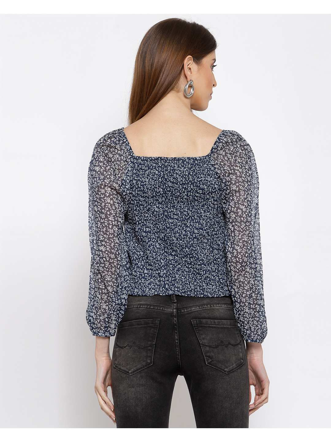 Printed Short Chiffon Smocked Top