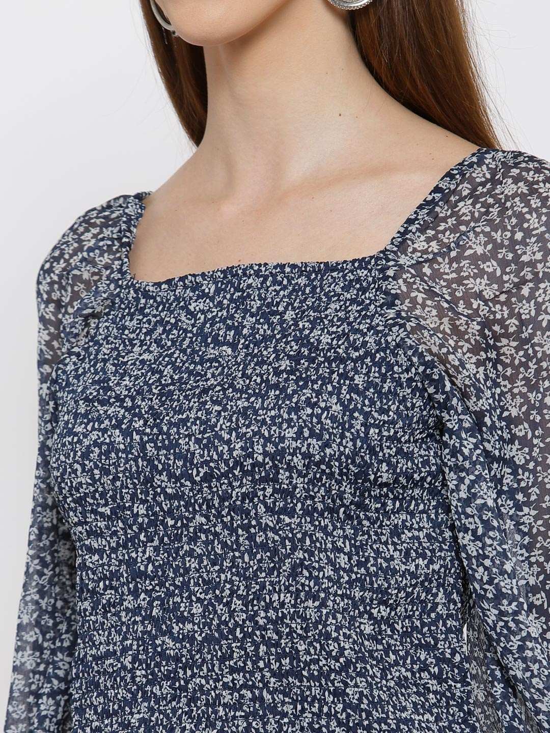 Printed Short Chiffon Smocked Top
