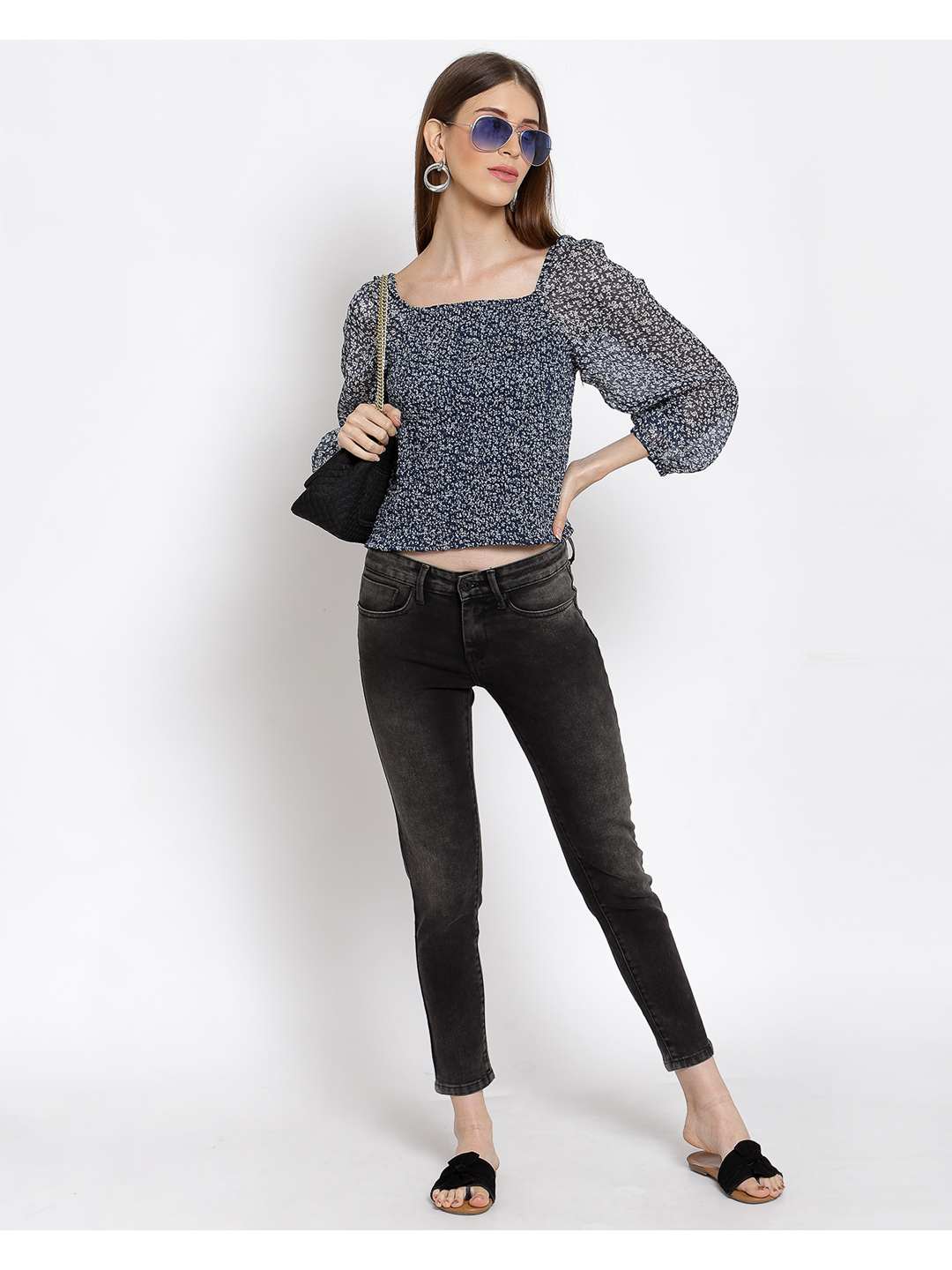 Printed Short Chiffon Smocked Top