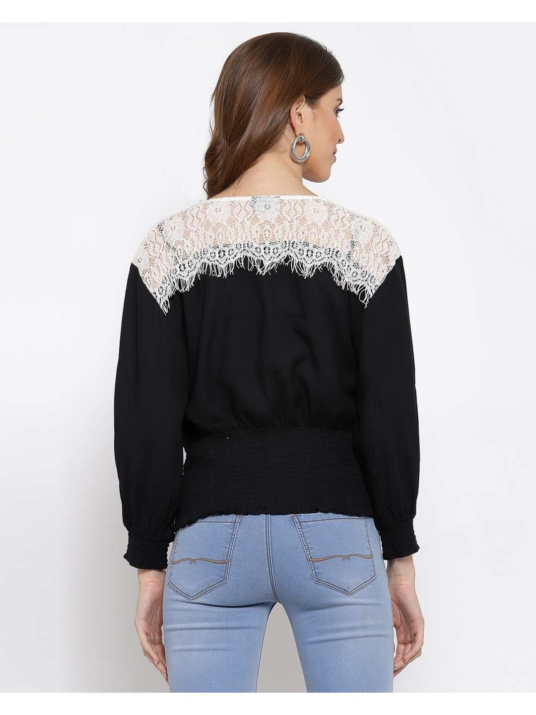 Black Lace Insert Top With Smocked Waist