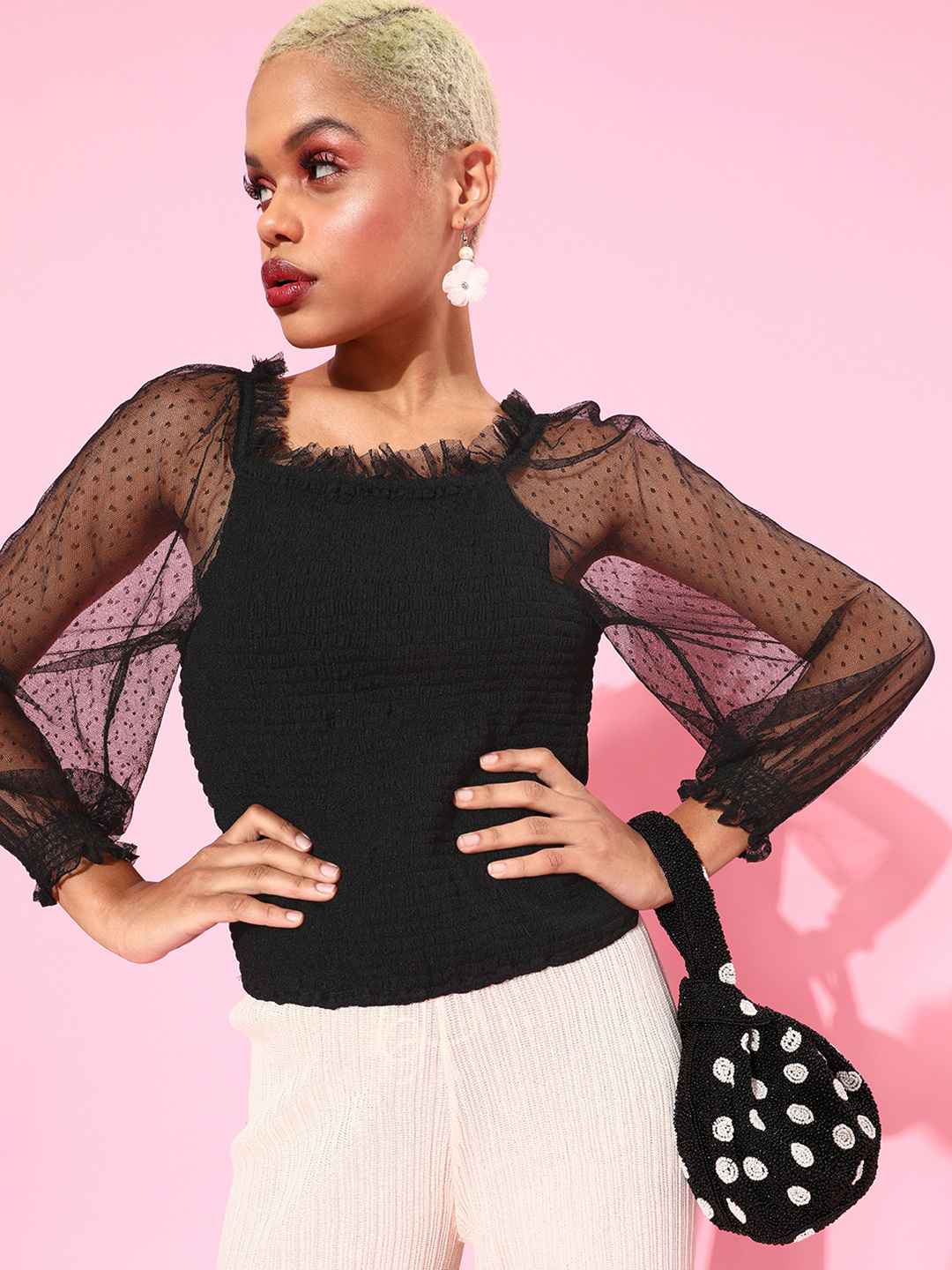 Black Smocked Tulle Top