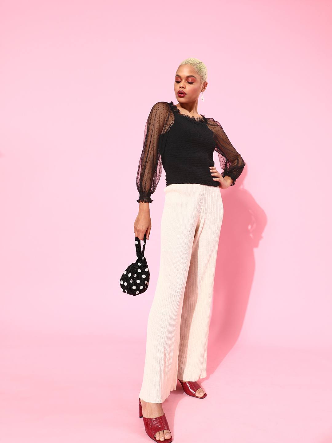 Black Smocked Tulle Top