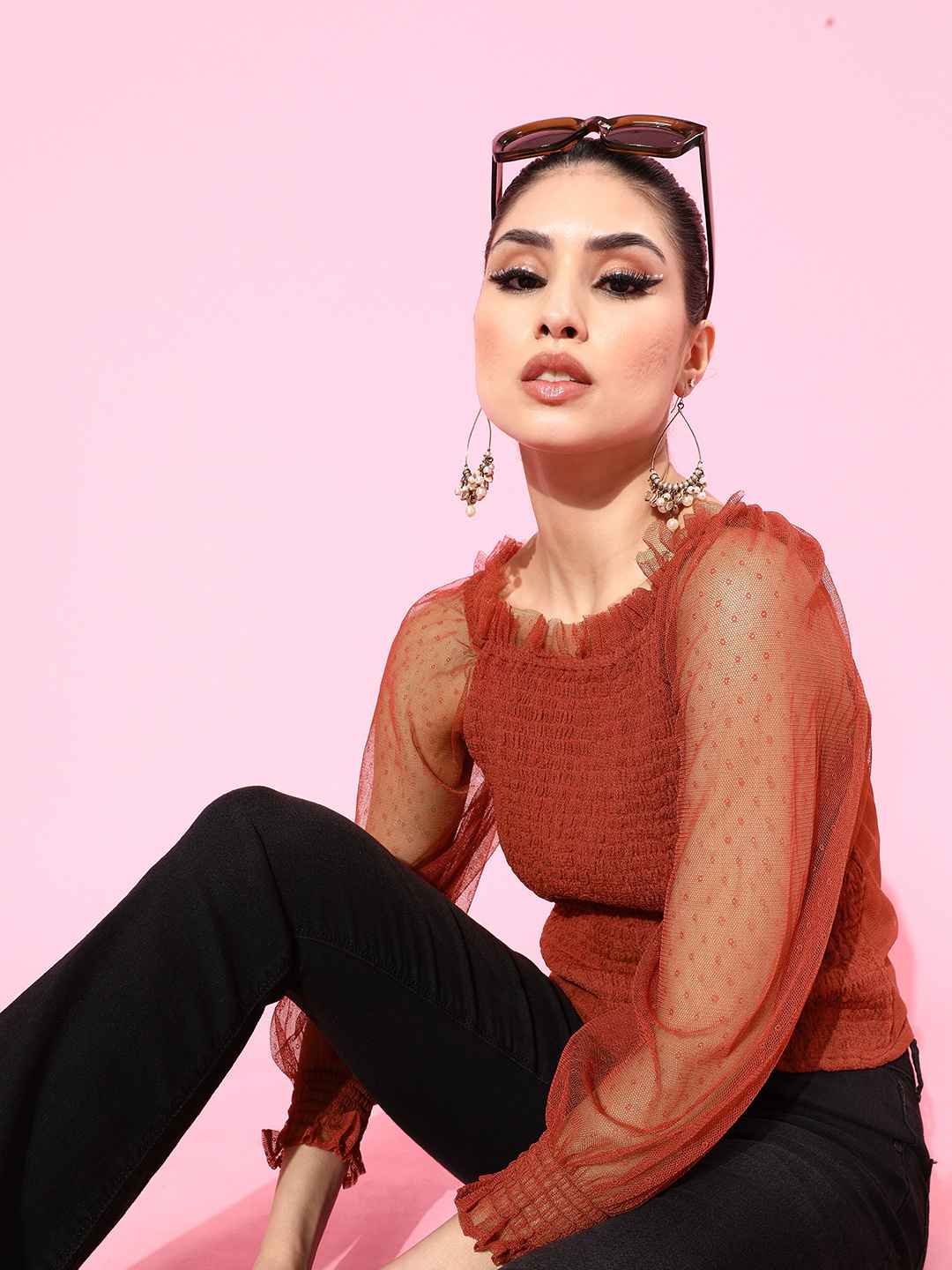 Rust Smocked Tulle Top