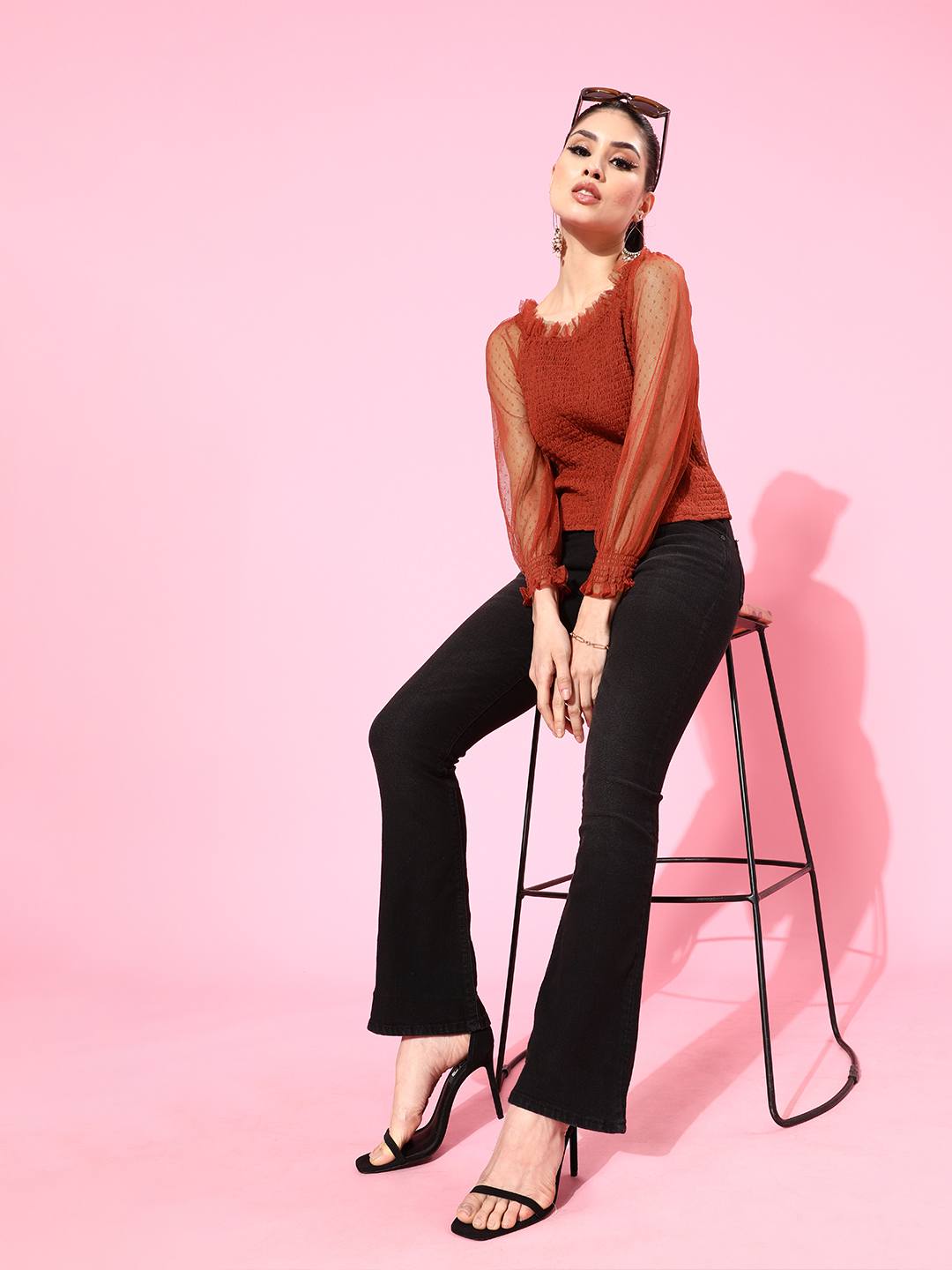 Rust Smocked Tulle Top