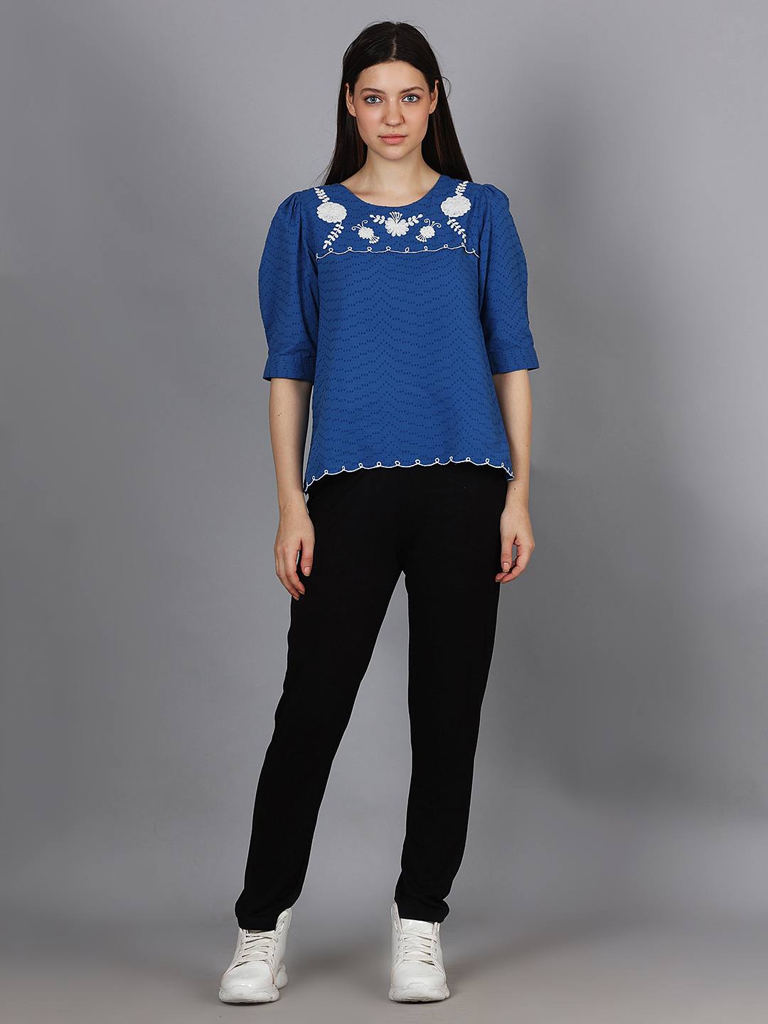 Royal Blue Embroidered Dobby Top
