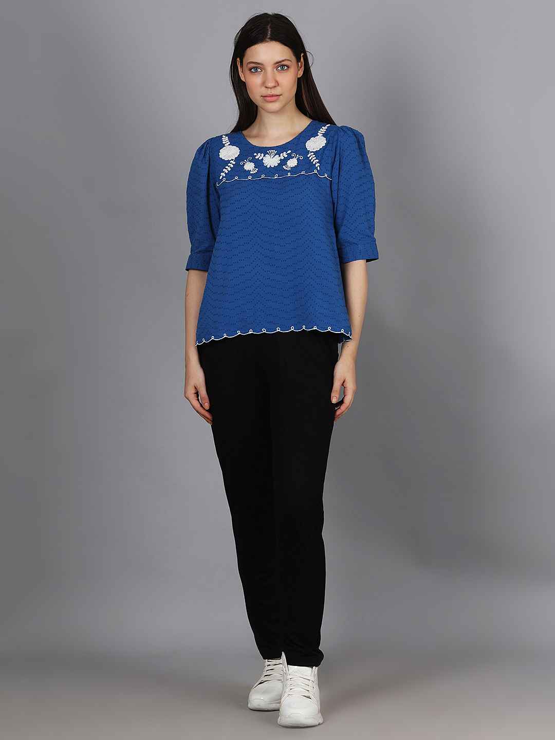 Royal Blue Embroidered Dobby Top