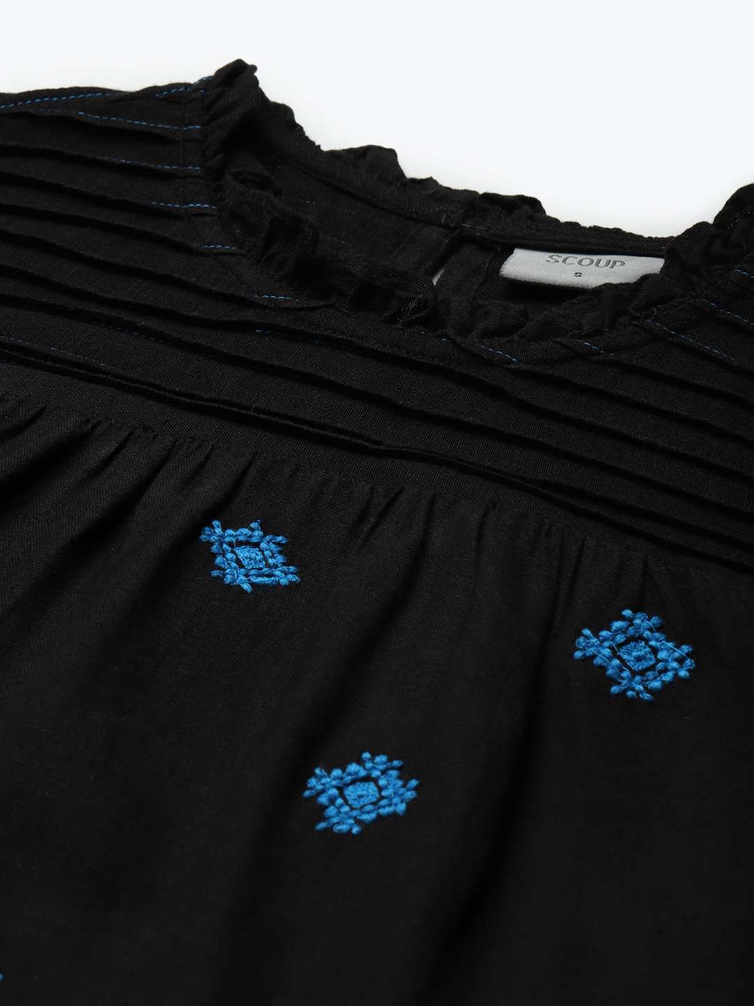 Black Pleated Yoke Embroidered Top