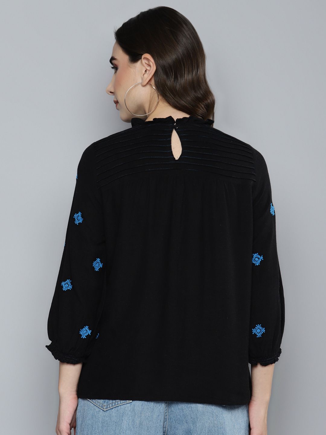 Black Pleated Yoke Embroidered Top