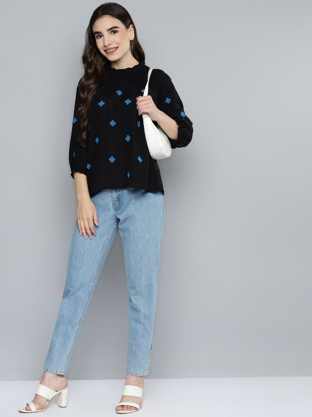 Black Pleated Yoke Embroidered Top