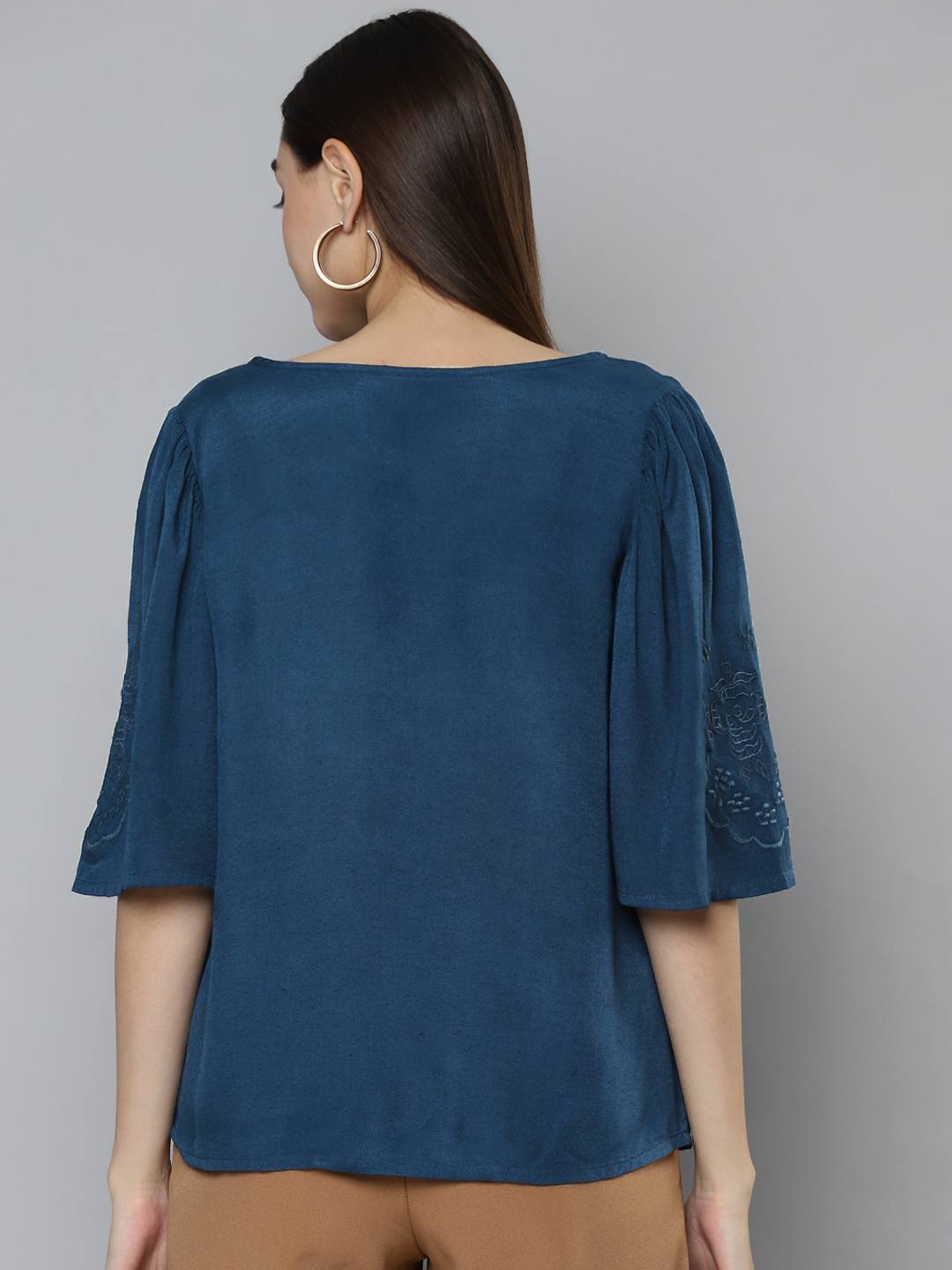 Navy Blue V-Neckline Embroidered Top