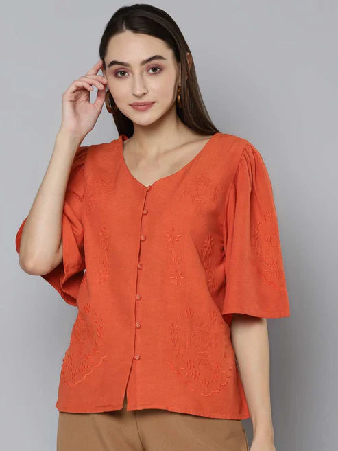 Scoup Combo of Tie-Up Shrug and Orange Embroidered Top