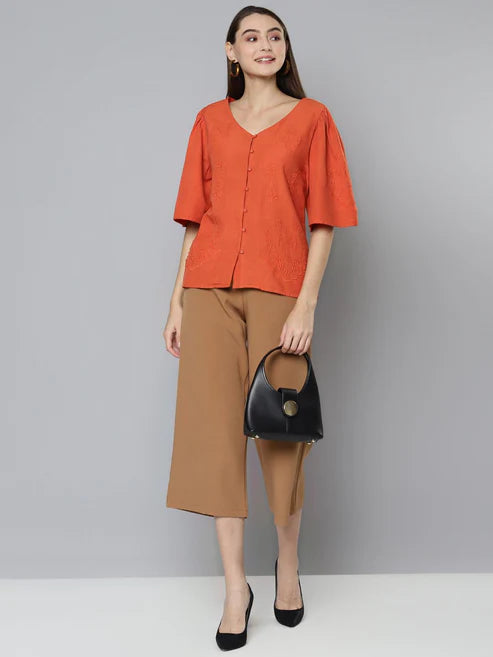Scoup Combo of Tie-Up Shrug and Orange Embroidered Top