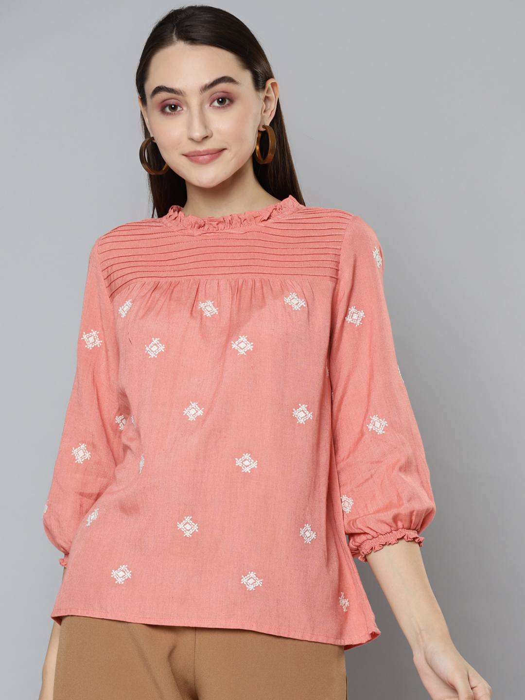 Peach Pintuck Detail Embroidered Top