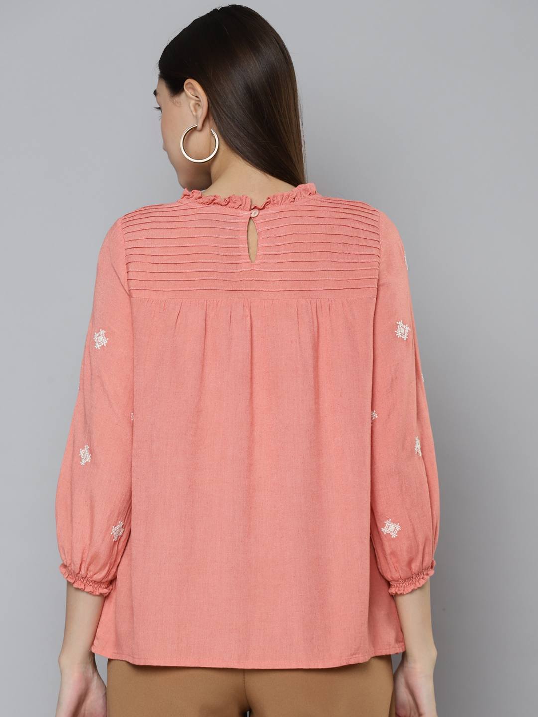 Peach Pintuck Detail Embroidered Top