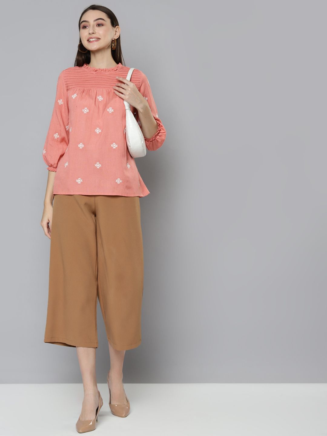 Peach Pintuck Detail Embroidered Top