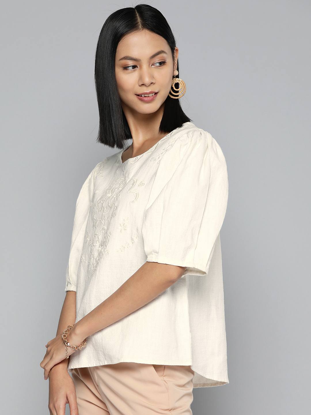 Embroidered offwhite cotton top