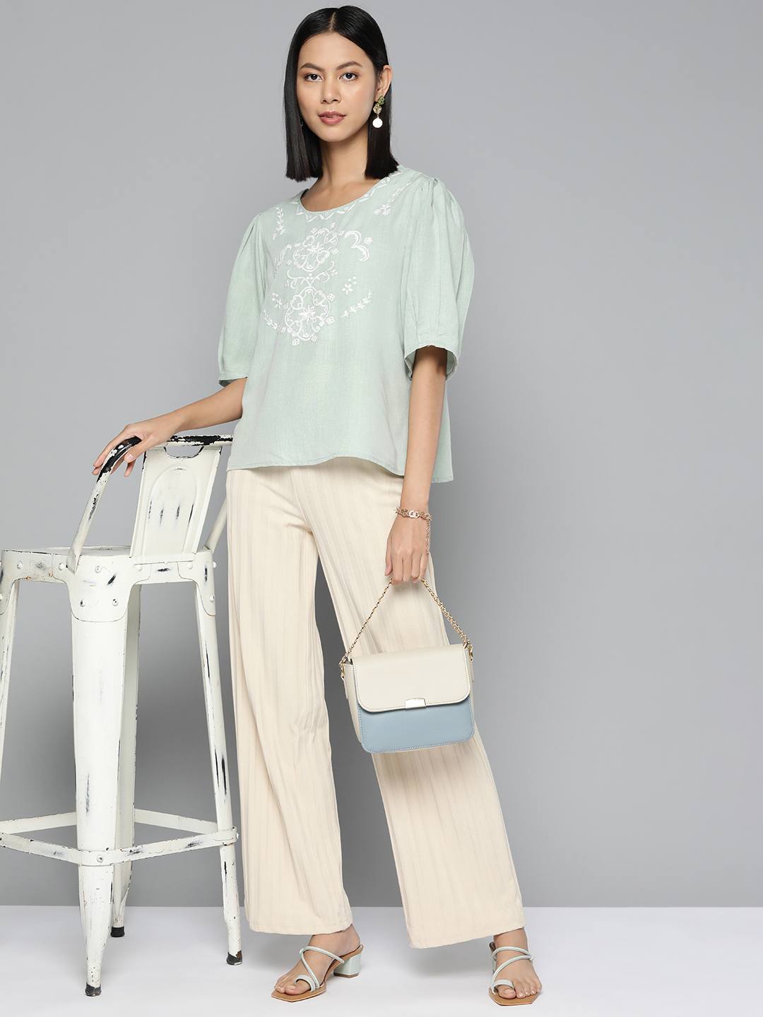Embroidered light green cotton top