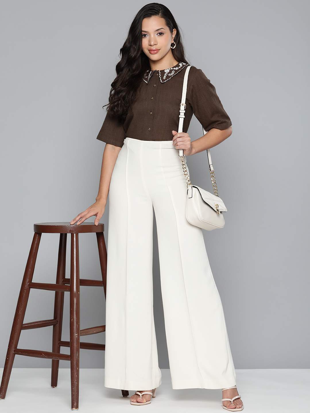 Brown Collar Embroidered Top