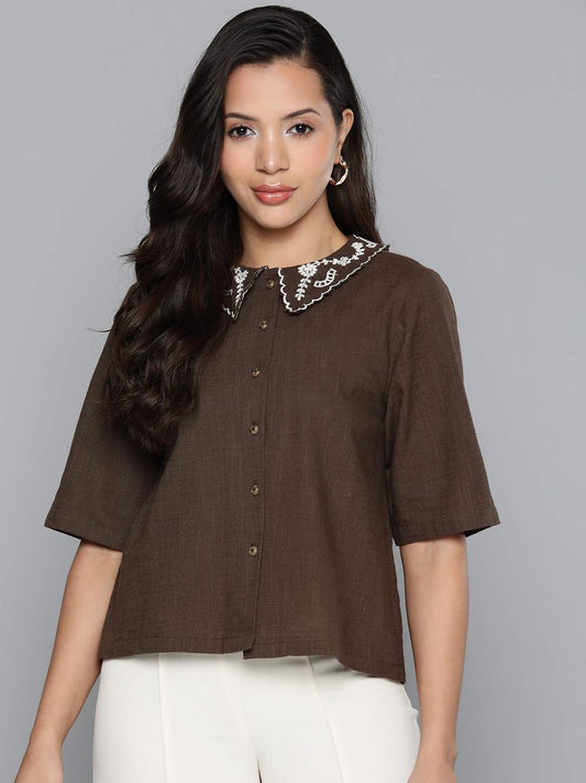 Brown Collar Embroidered Top