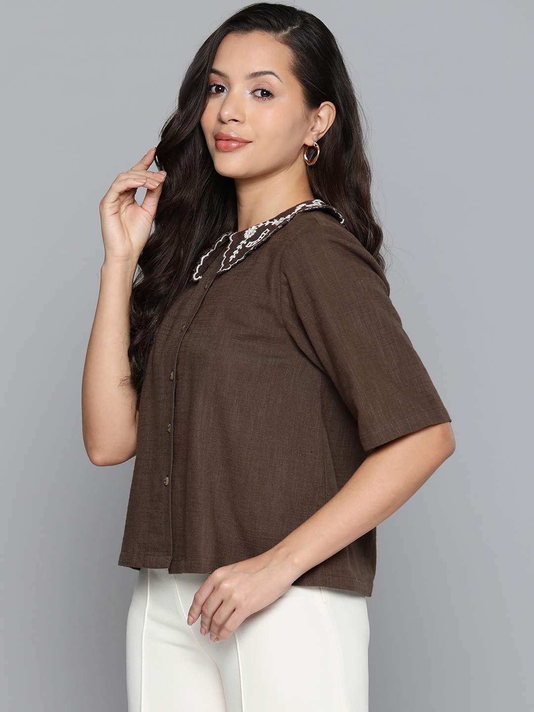 Brown Collar Embroidered Top
