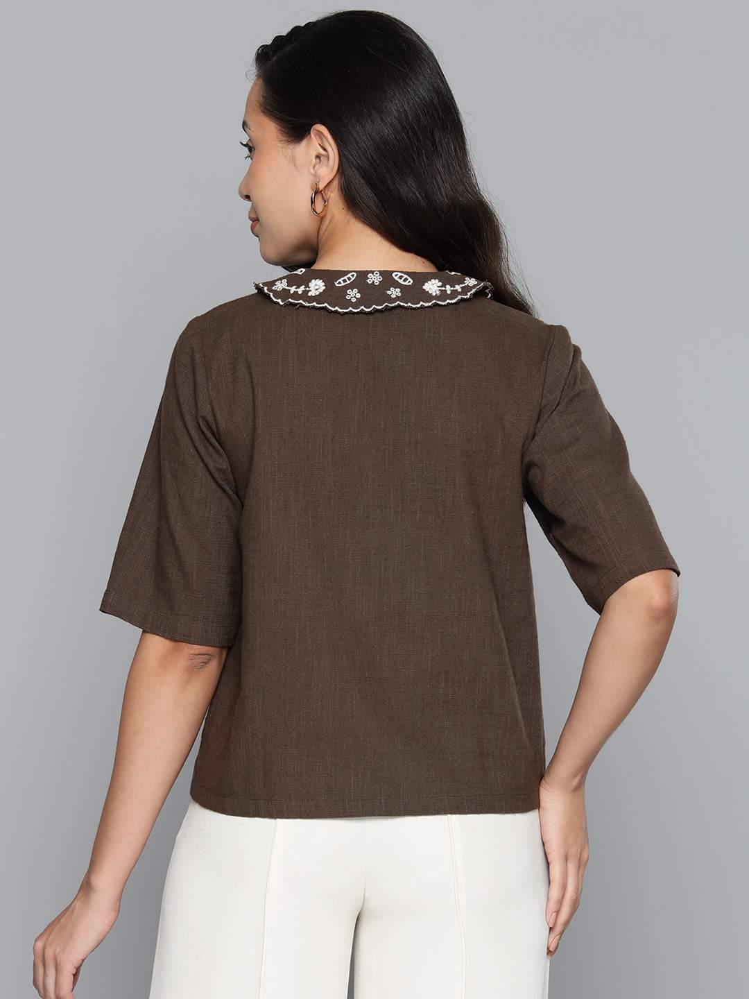 Brown Collar Embroidered Top