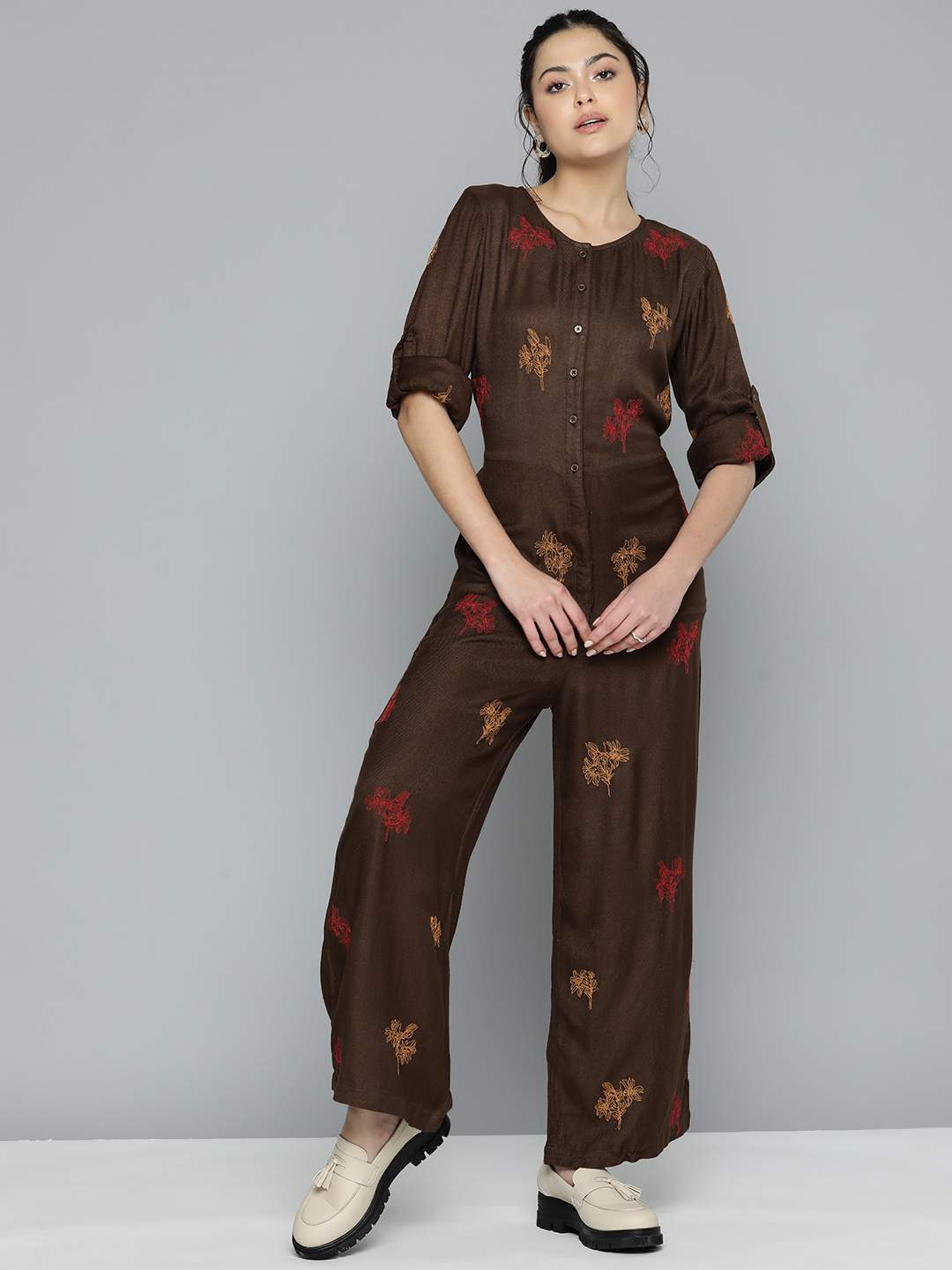 Embroidered Brown Jumpsuit