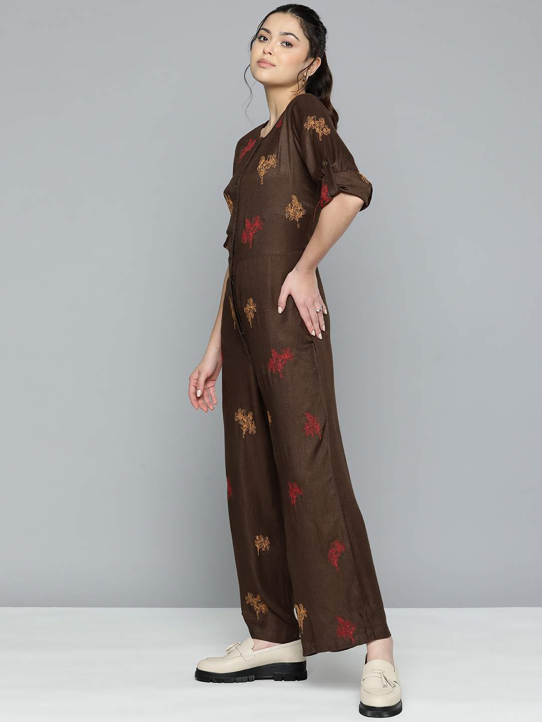 Embroidered Brown Jumpsuit