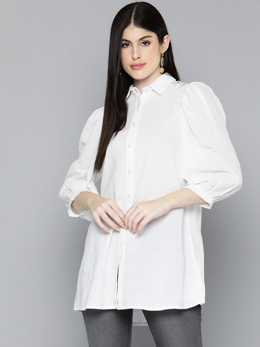 Off White Solid Shirt Tunic With Lace Insert