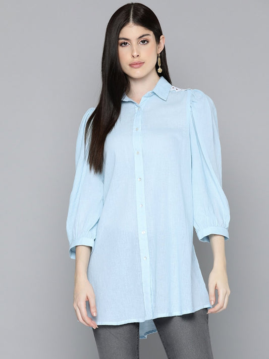 Light Blue Solid Shirt Tunic With Lace Insert