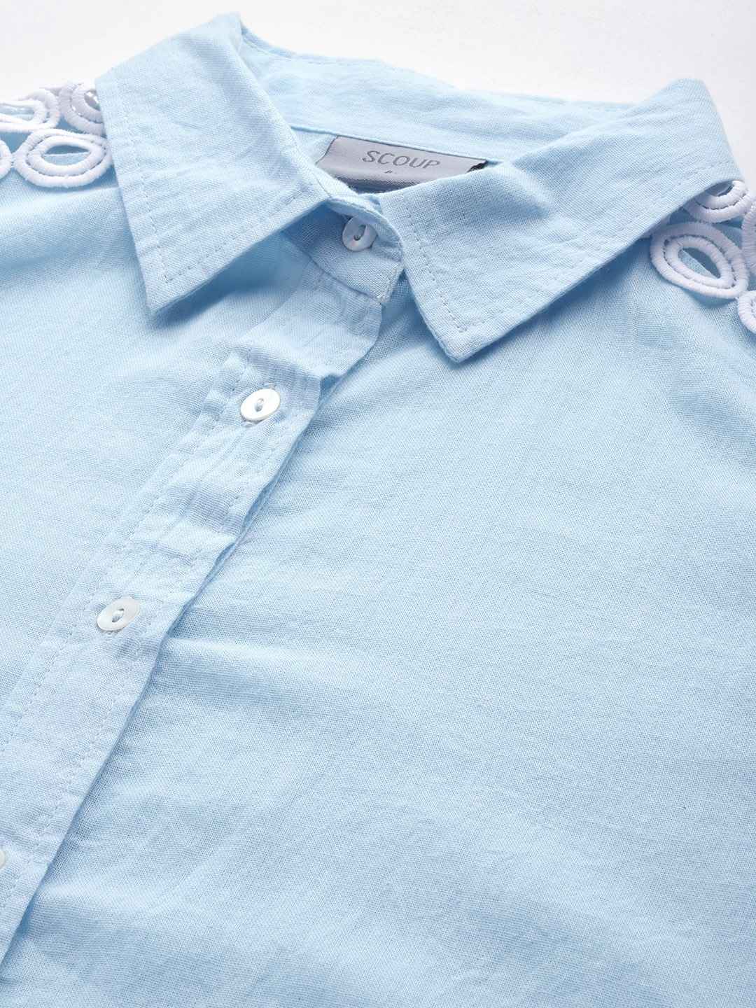 Light Blue Solid Shirt Tunic With Lace Insert