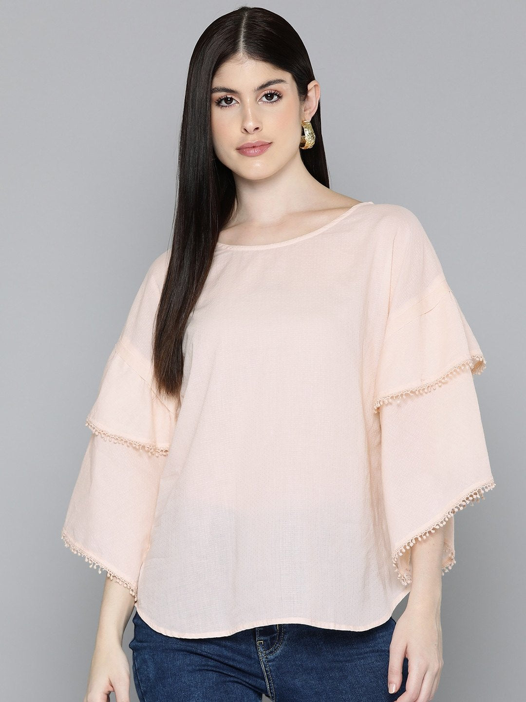 Cream Drop shoulder Sleeve Cotton Dobby Top