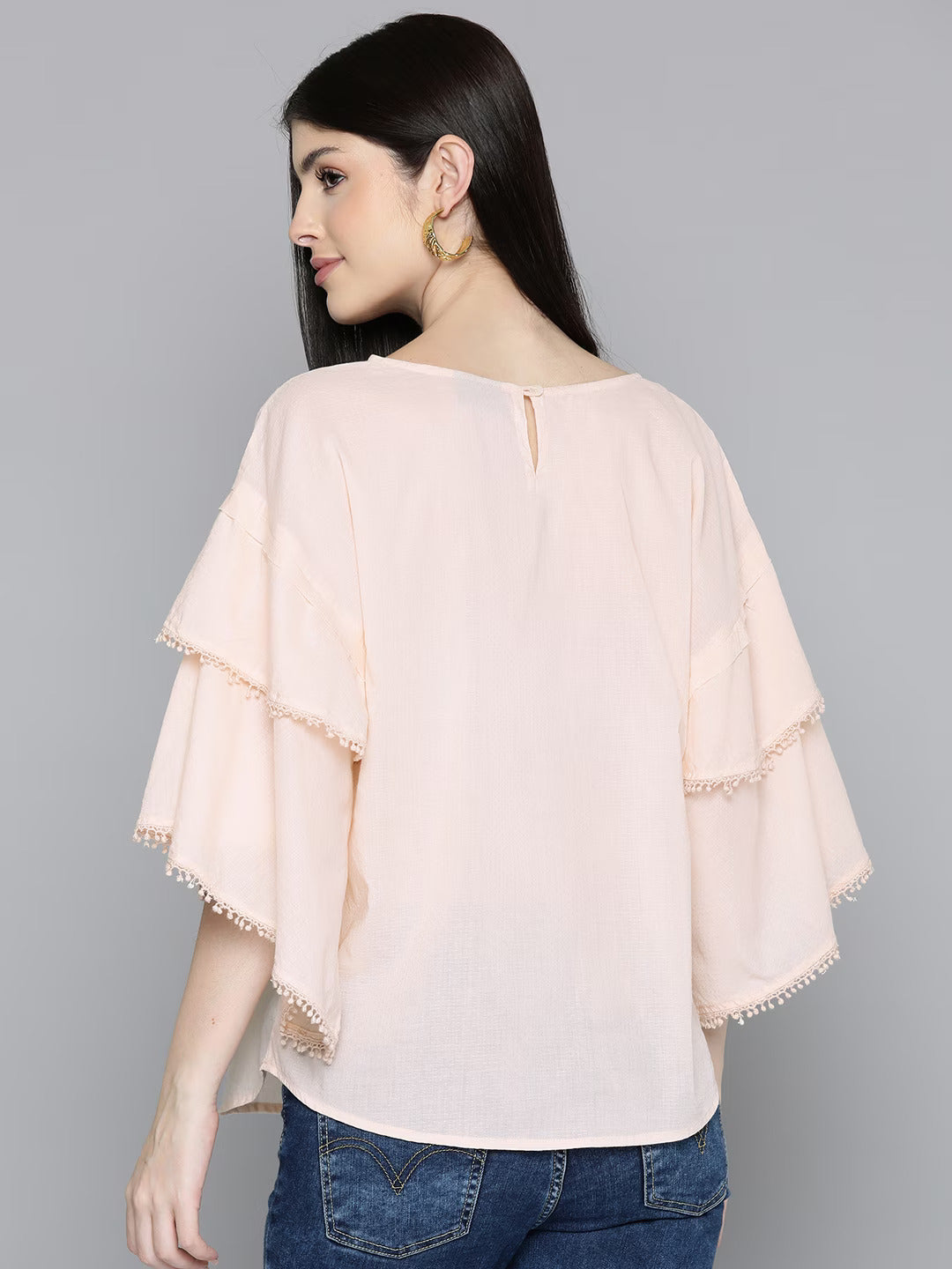 Cream Drop shoulder Sleeve Cotton Dobby Top