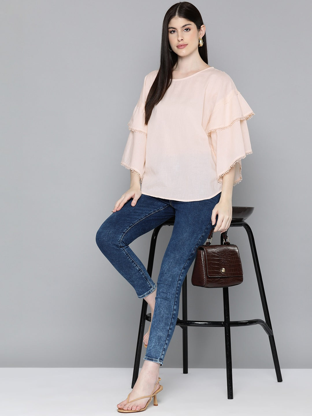 Cream Drop shoulder Sleeve Cotton Dobby Top