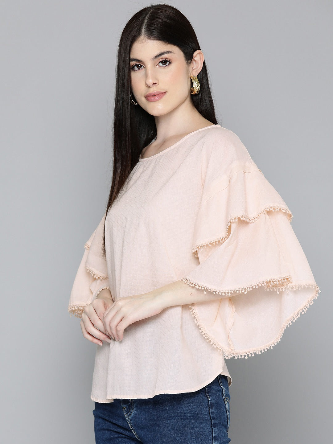 Cream Drop shoulder Sleeve Cotton Dobby Top