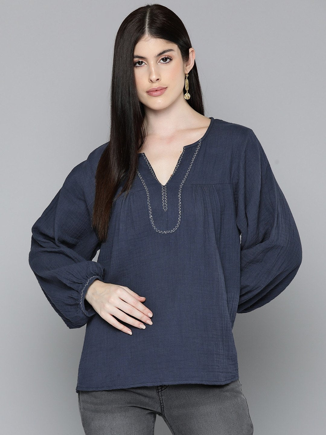 Navy Blue Embroidered Boho Sleeve Blouse