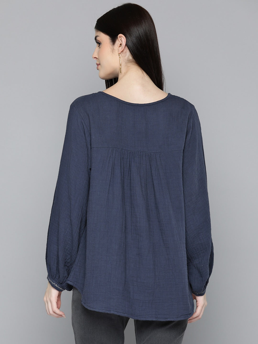 Navy Blue Embroidered Boho Sleeve Blouse