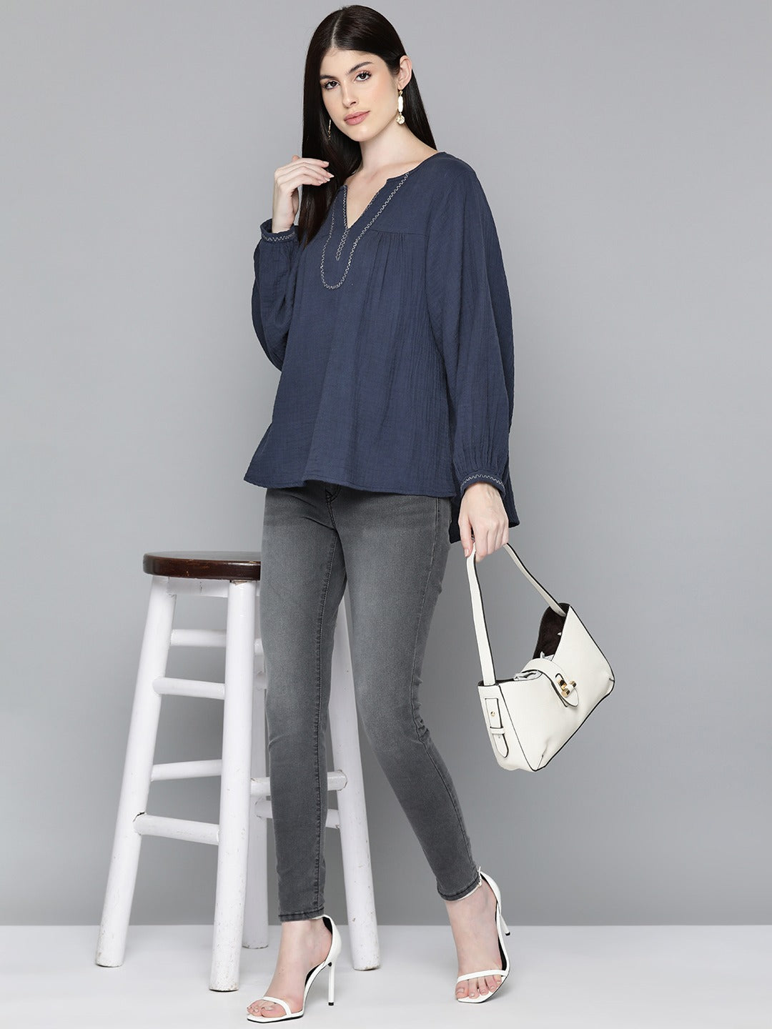 Navy Blue Embroidered Boho Sleeve Blouse