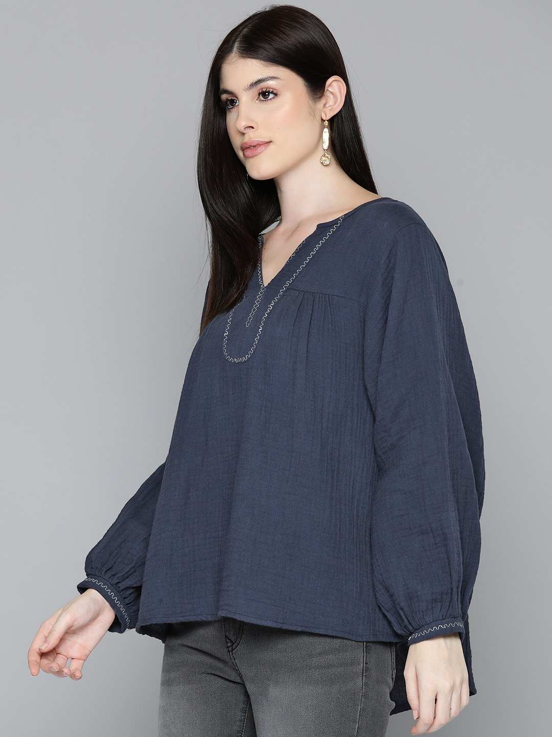 Navy Blue Embroidered Boho Sleeve Blouse