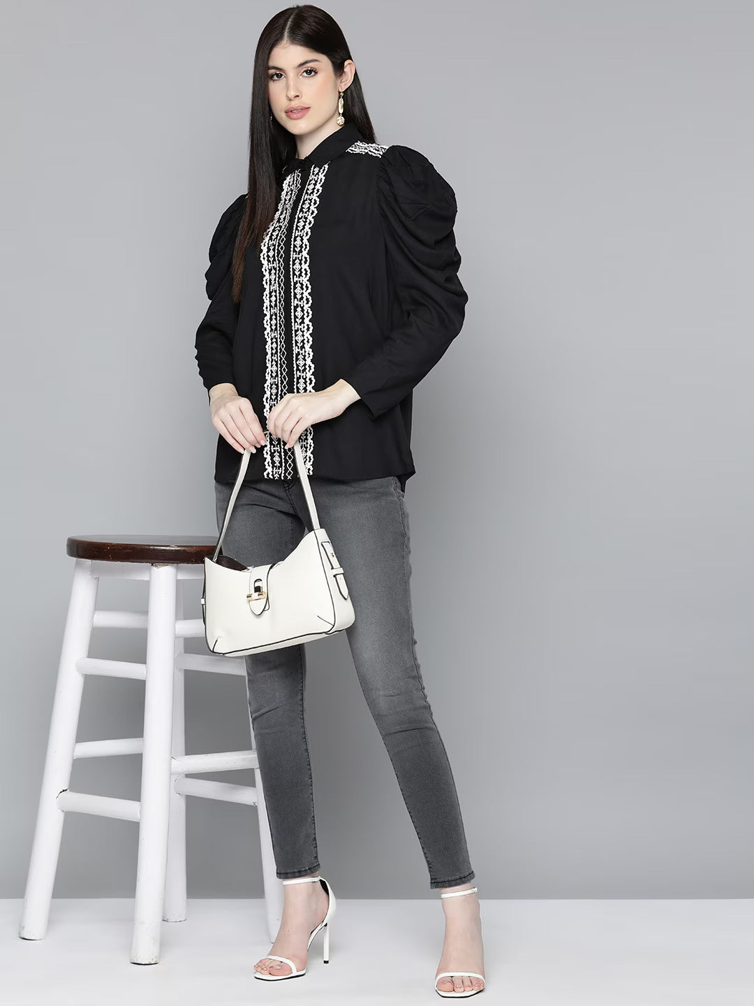 Black Embroidered Puff Sleeve Shirt