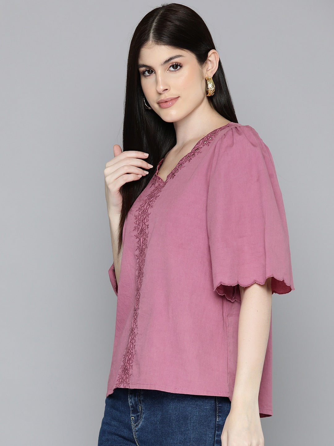 Purple Embroidered V-Neck Top