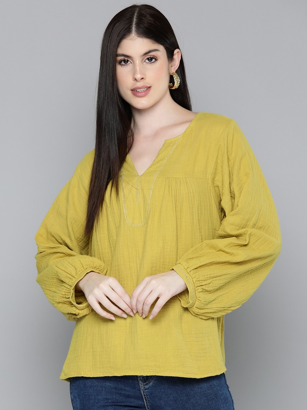 Yellow Embroidered Boho Sleeve Blouse