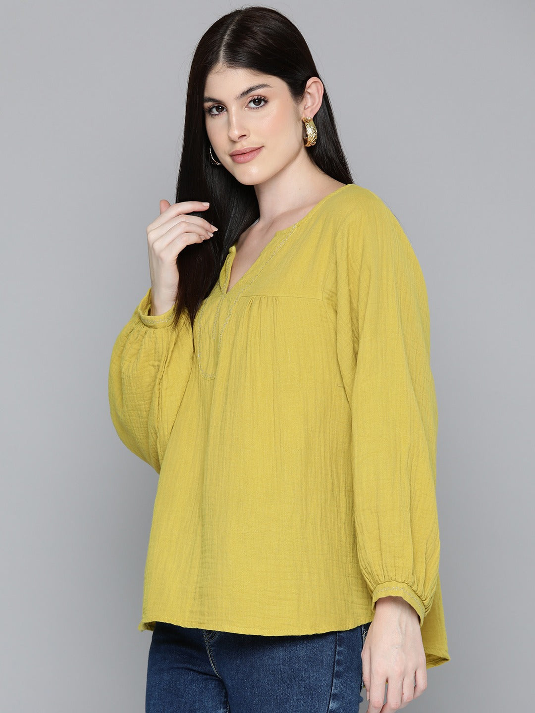 Yellow Embroidered Boho Sleeve Blouse