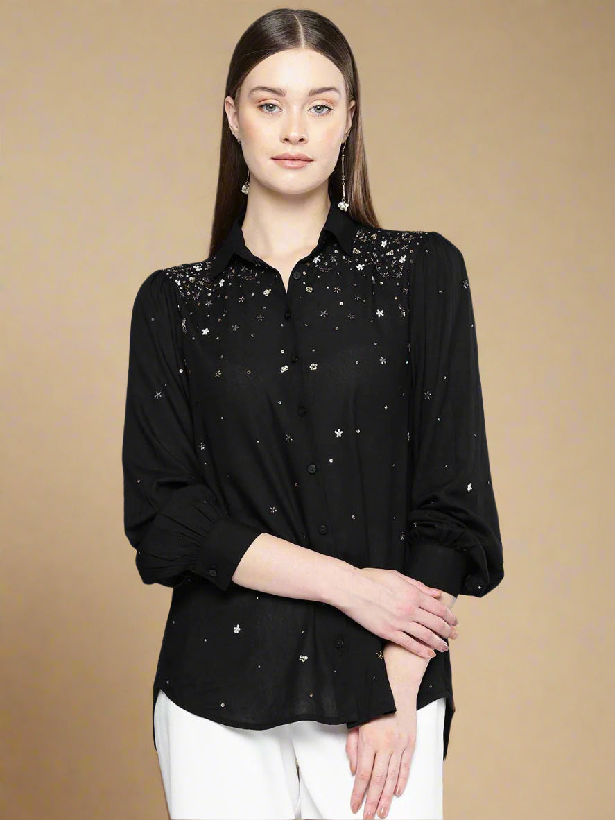 Scoup Black rayon hand embellished  shirt