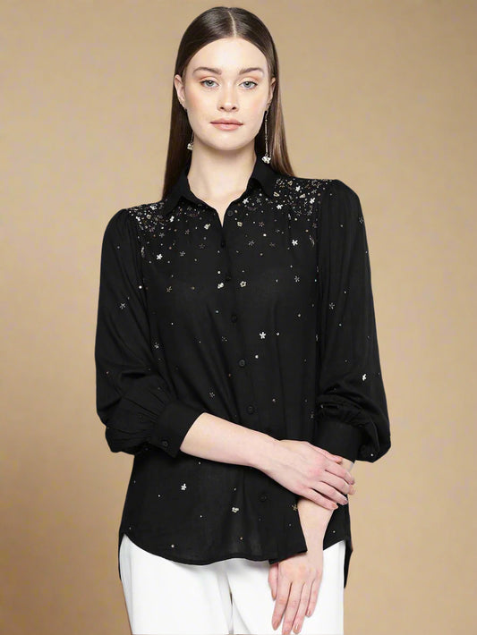 Scoup Black rayon hand embellished  shirt