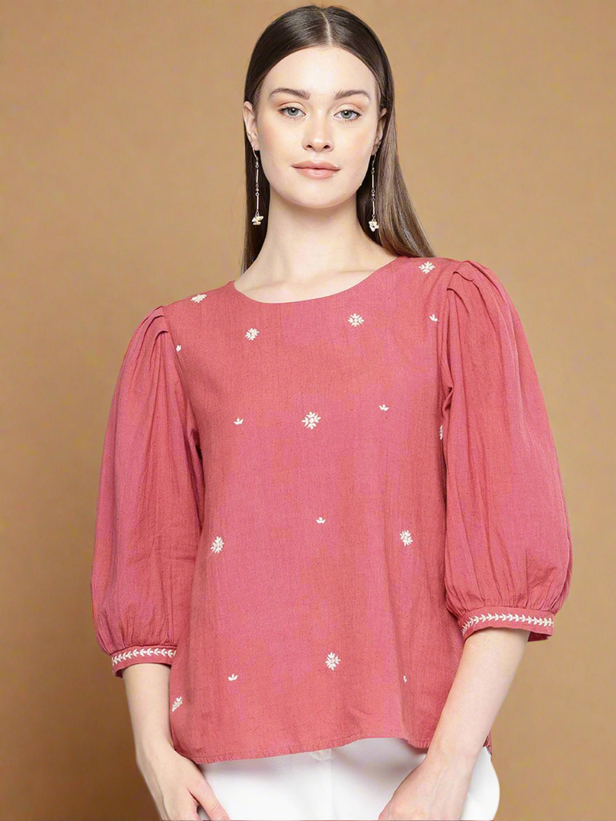Rust Floral Embroidered Linen Top