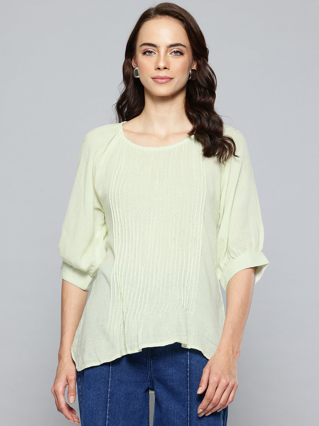 Puff Sleeve Green Cotton Top